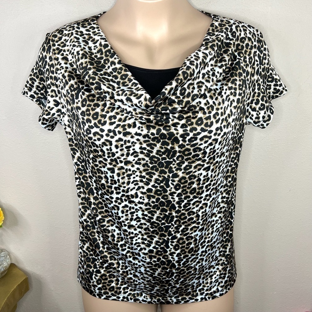 L Brittany Black Leopard Print Short Sleeve Top Cowl Neckline Stretch 12 14